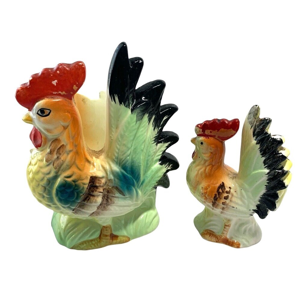 Vintage Rooster Chicken Ceramic Napkin Holder & Salt Shaker 1960s JAPAN